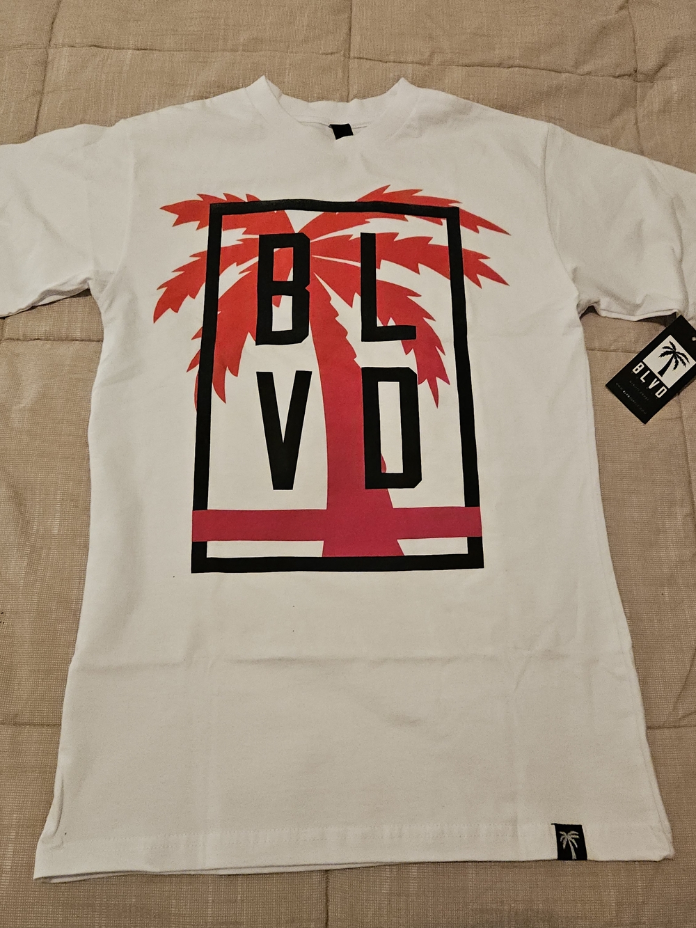BLVD Men’s White Graphic Palm T-Shirt in Red and Black
